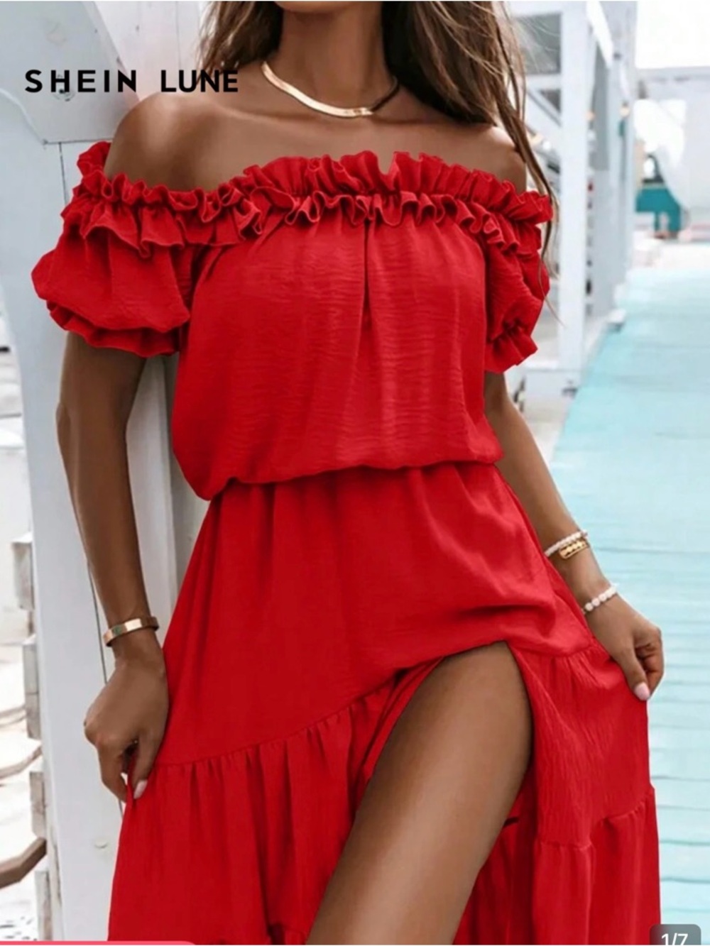 SHEIN Red Off-Shoulder Tiered Maxi Dress
